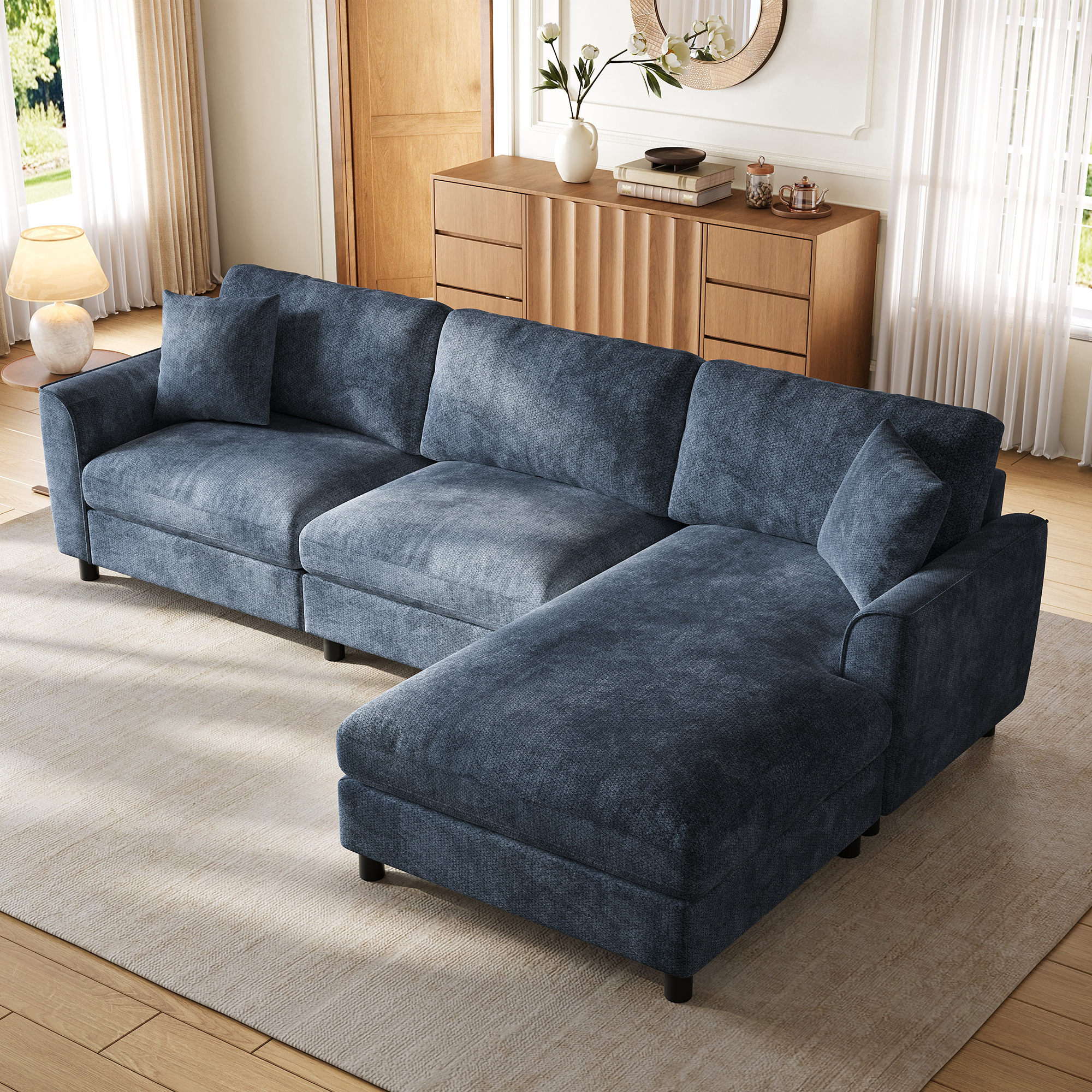 Revêtement en chenille bleue du canapé d'angle