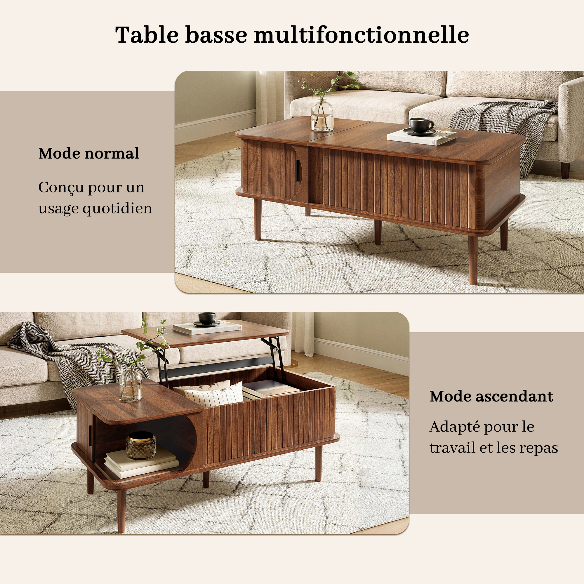 Compartiment de rangement caché sous le plateau relevable