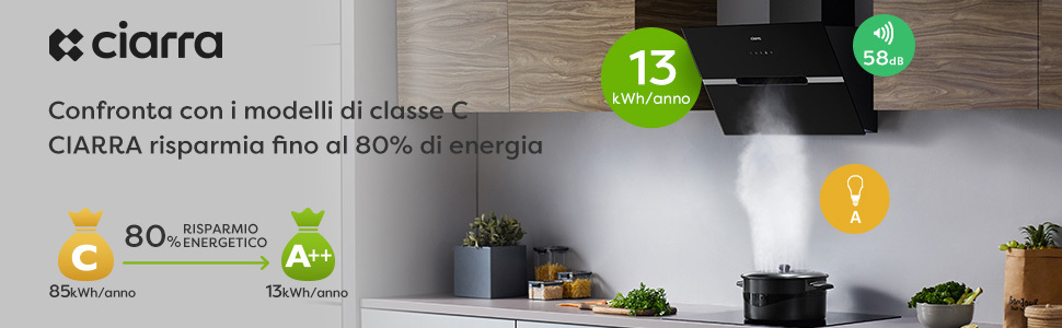 CIARRA Cappa Ad Angolo 60cm Touch Control 650 M³/h - Livello Di Rumore 55dB(A) - Sistema Di Ricircolo/ventilazione Esterna 12 CAPPA ASPIRANTE INCLINATA 60CM