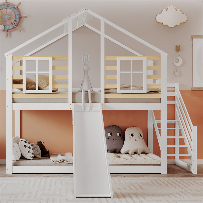 Lit Superposé 90x200cm Pour 2 Enfant - Lit Cabane En Bois Avec Escalier Et Barrière, Toboggan Et Fenetre Avec Securite Anti Chute Balnc 76349380