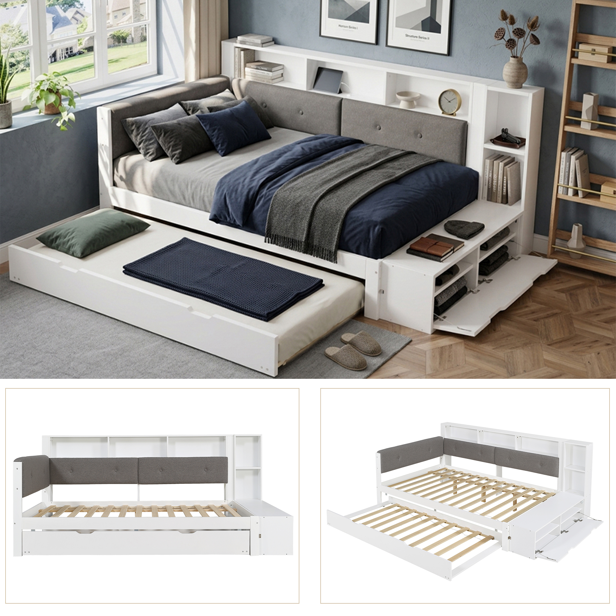 Lit gigogne blanc avec couchage principal 120 x 200 cm et couchage secondaire 90 x 190 cm