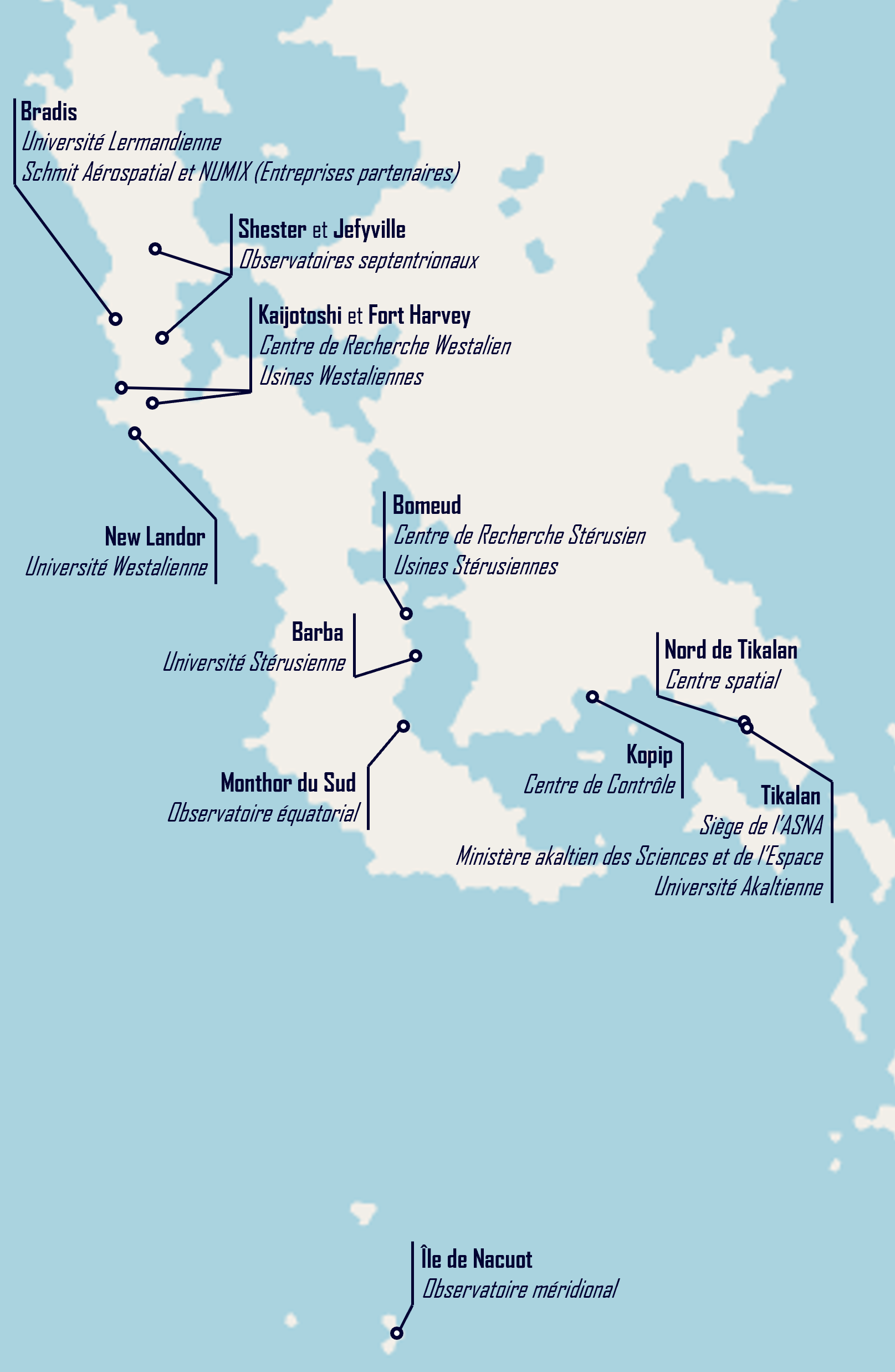 Carte des différents sites de l'ASNA