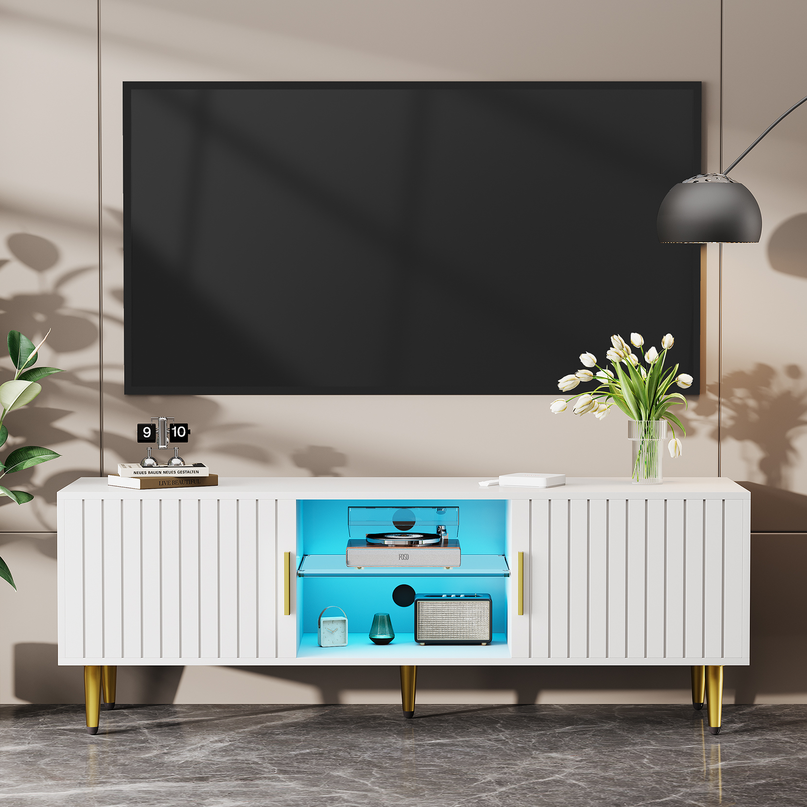 Meuble TV Blanc Avec 2 Tiroirs Et 2 Portes En Rotin, Pieds En Bois, Blanc