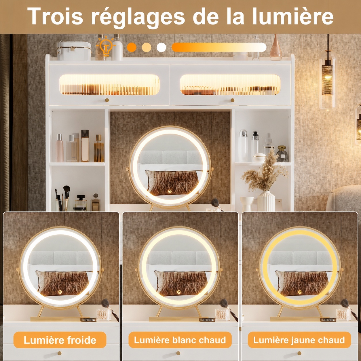 Miroir rond LED de la coiffeuse avec trois teintes de lumière et luminosité réglable