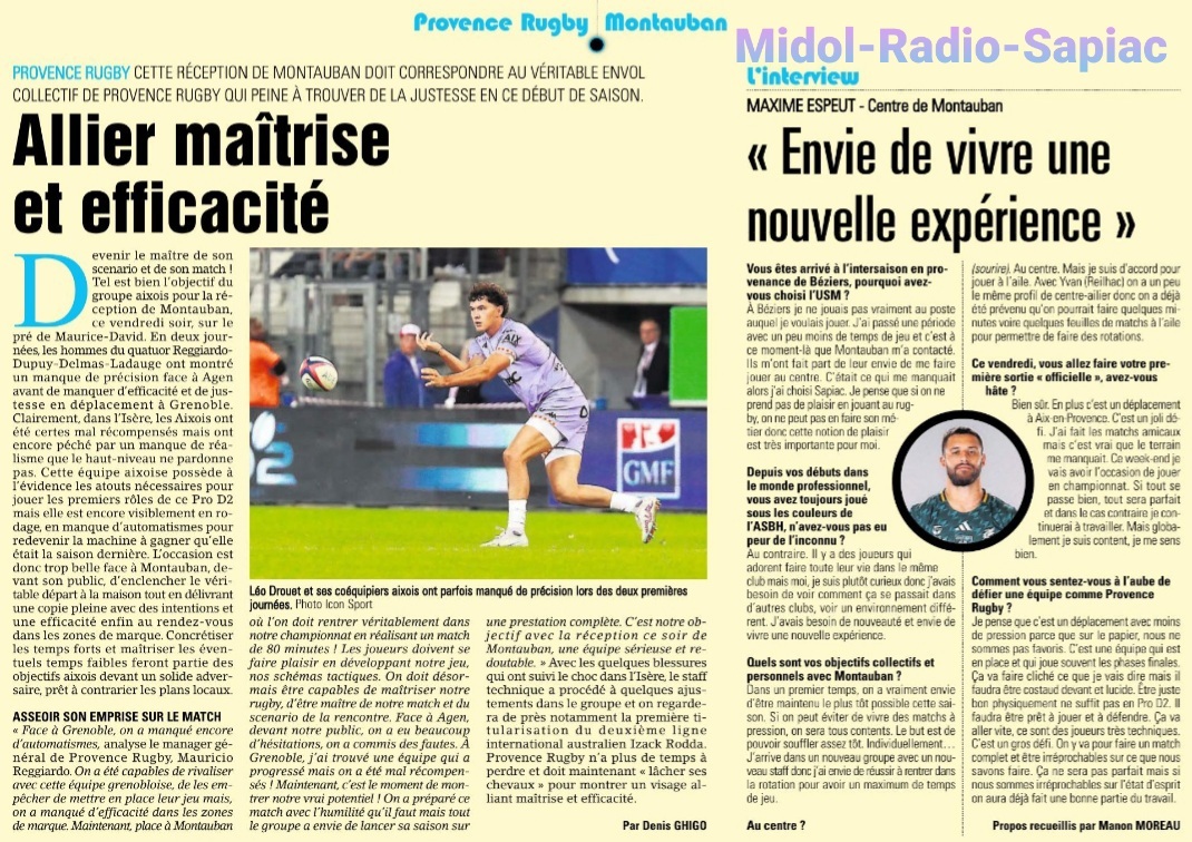 INFOS ce VENDREDI 13 SEPTEMBRE (Matinée) > Pro D2 3ÈME JOURNÉE > Jour de match > PROVENCE RUGBY / USM ce Vendredi 19H30 Stade Maurice David <> RETROUVEZ les COMPOS <> Du CÔTÉ de SAPIAC <> RÉSULTAT > NEVERS 27 - 26 BRIVE (Bd) <> Le CLASSEMENT PROVISOIRE 1g1kp7