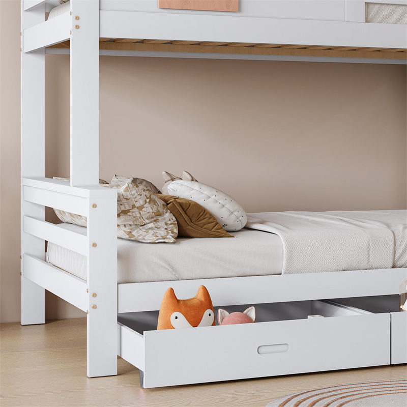 Lit Superposé Enfant 90x200 Cm Avec Escalier à Rangements Et 2 Tiroirs Bois Blanc