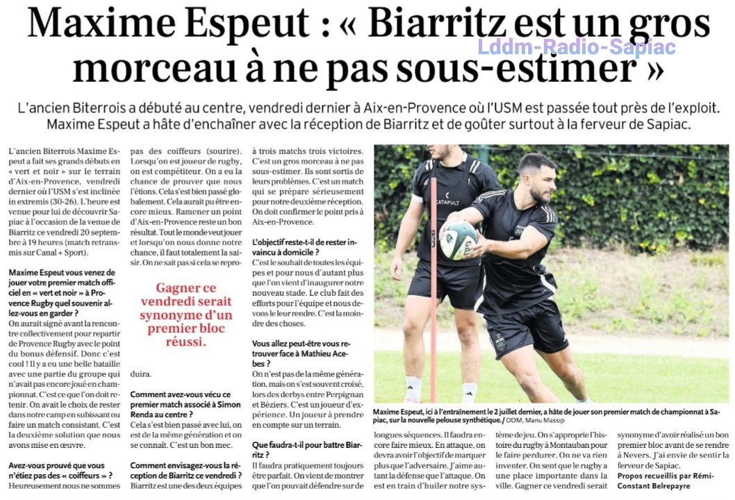 INFOS ce JEUDI 19 SEPTEMBRE (Matinée) > Pro D2 – J4 > J -1 du match > USM / BIARRITZ ce vendredi 19H Stade de Sapiac <> La suite du PLANNING <> ACTUS USM et Pro D2 <> En ouverture ce soir > FC.GRENOBLE / US.DAX à 21H stade des Alpes > Les COMPOS 1g8p6t