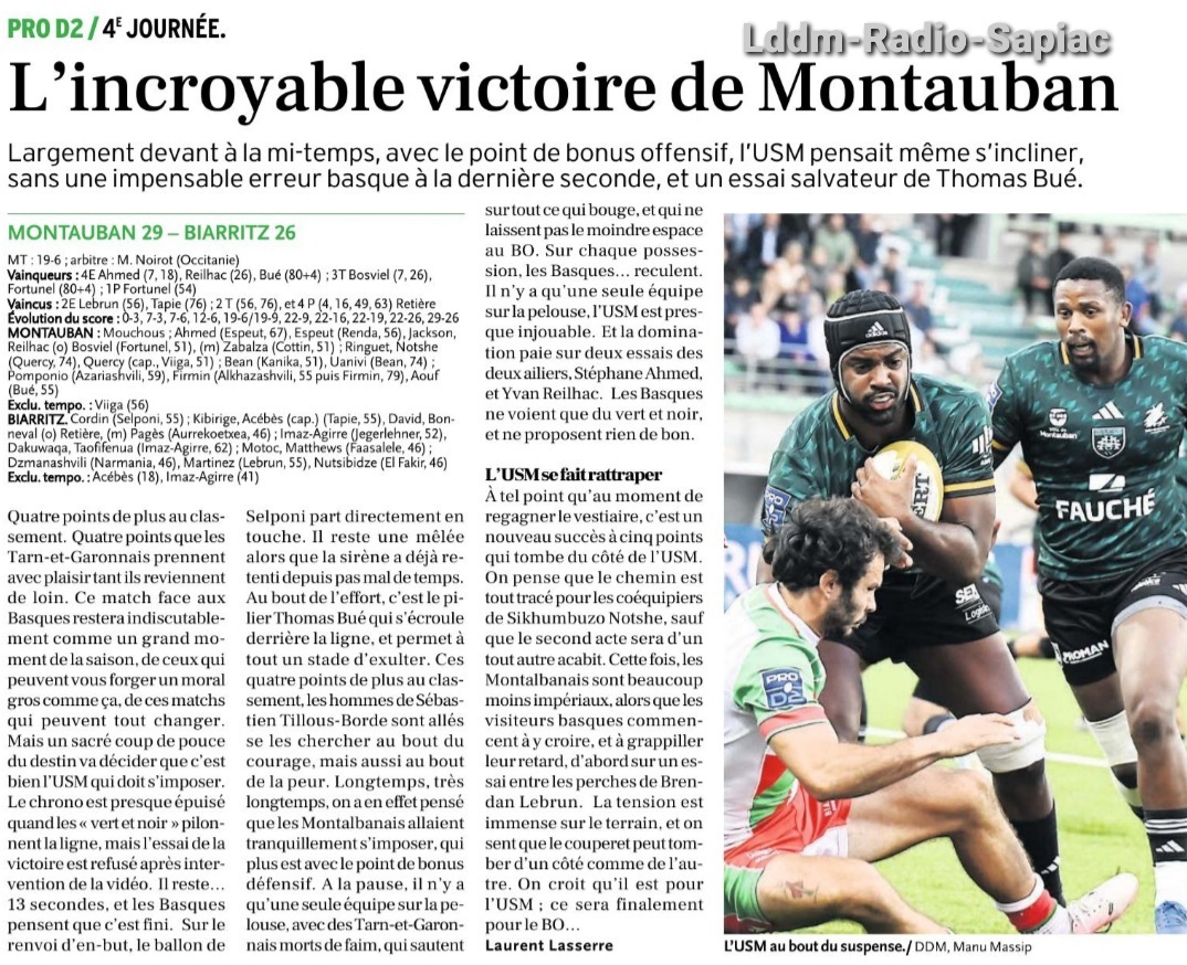 INFOS ce SAMEDI 21 SEPTEMBRE (Matinée) > Pro D2 – J4 - RÉSULTAT > Hier soir à Sapiac > USM 29 - 26 BIARRITZ (Bd) > ACTUS USM <> L'ANALYSE et la FICHE TECHNIQUE du MATCH de RADIO SAPIAC <> Retrouvez Les RÉSULTATS, le CLASSEMENT  1nhjvc