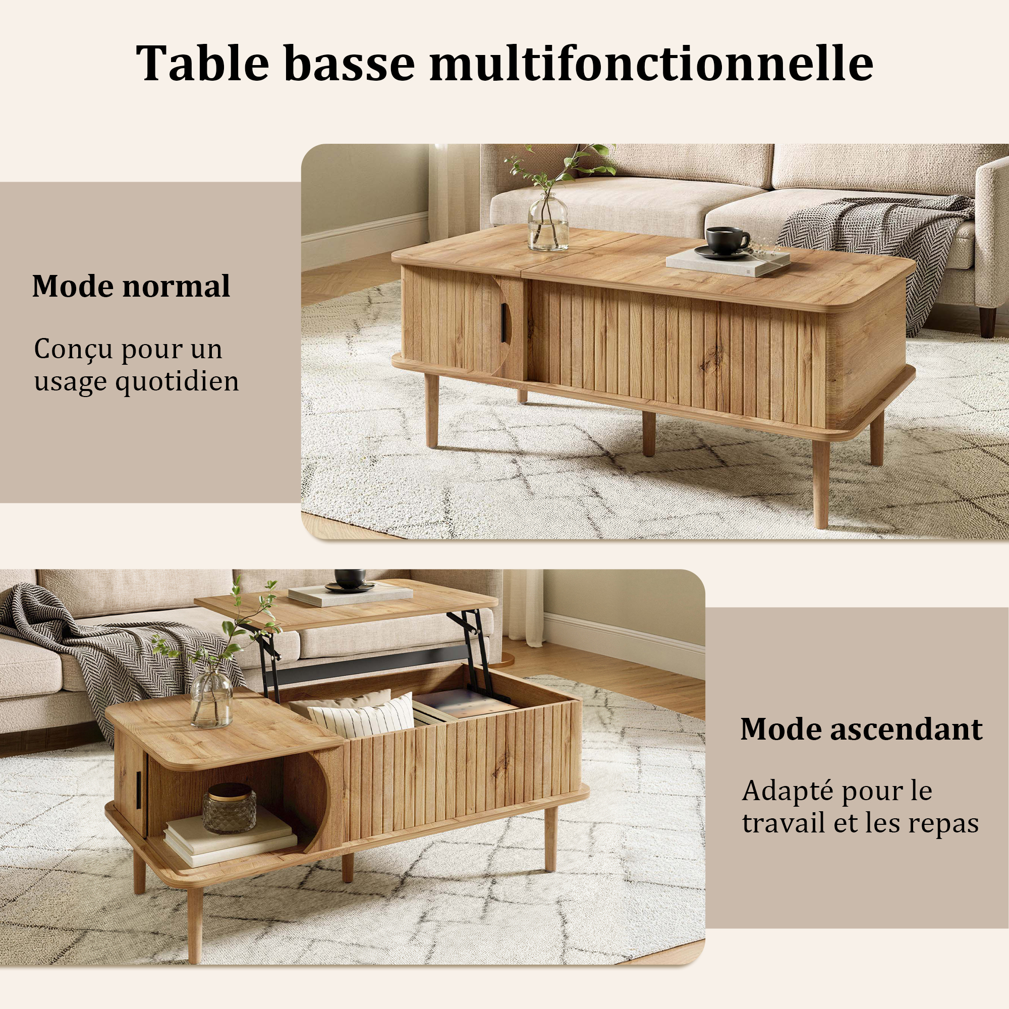 Grand compartiment de rangement sous le plateau relevable
