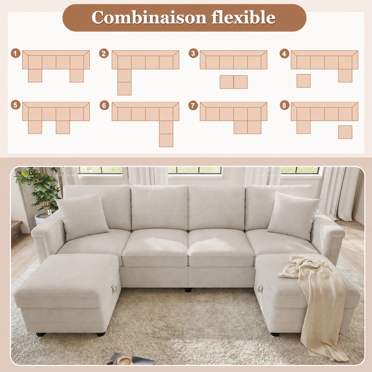 Canapé modulable 4 places beige avec poufs mobiles