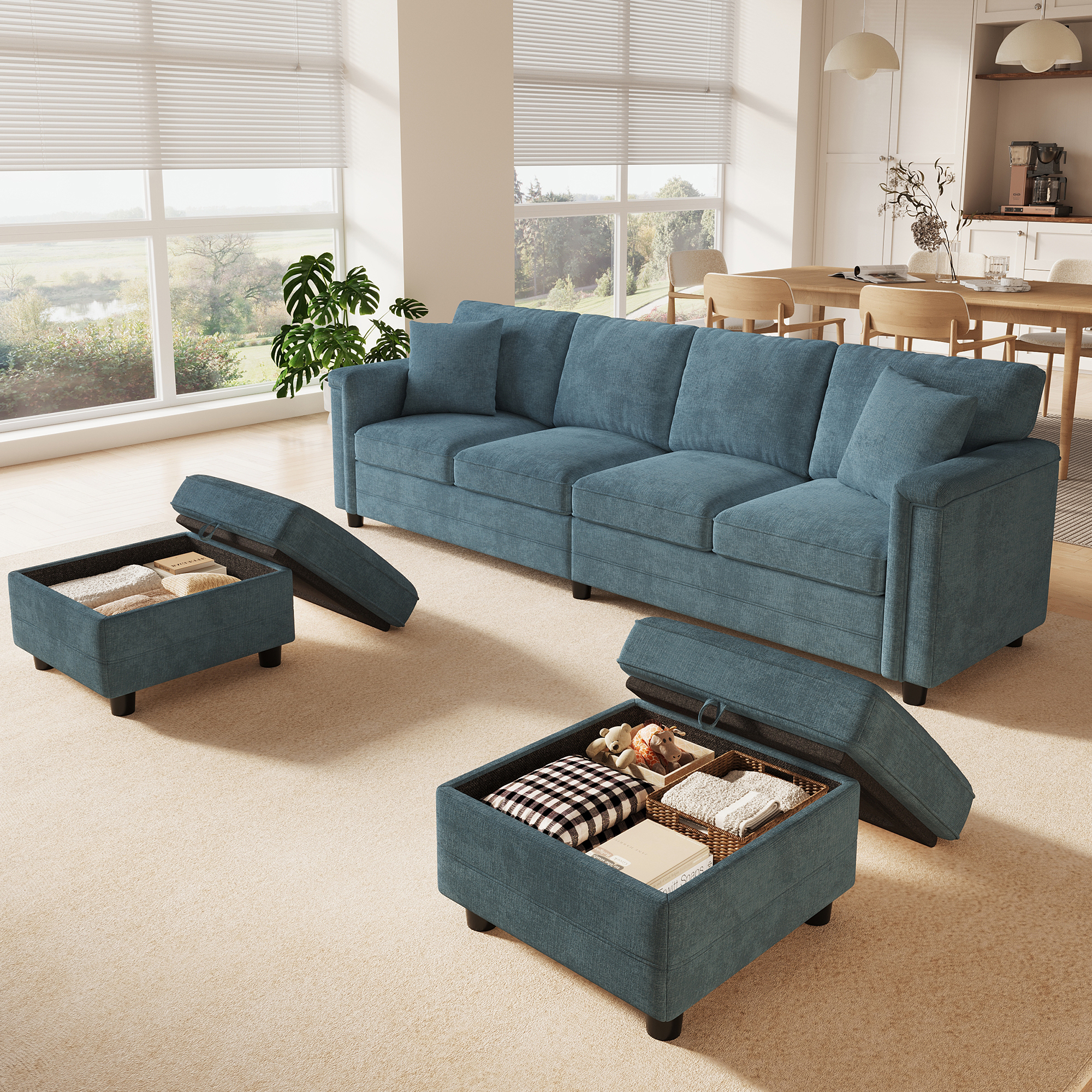 Deux poufs bleus avec coffres de rangement sous les assises