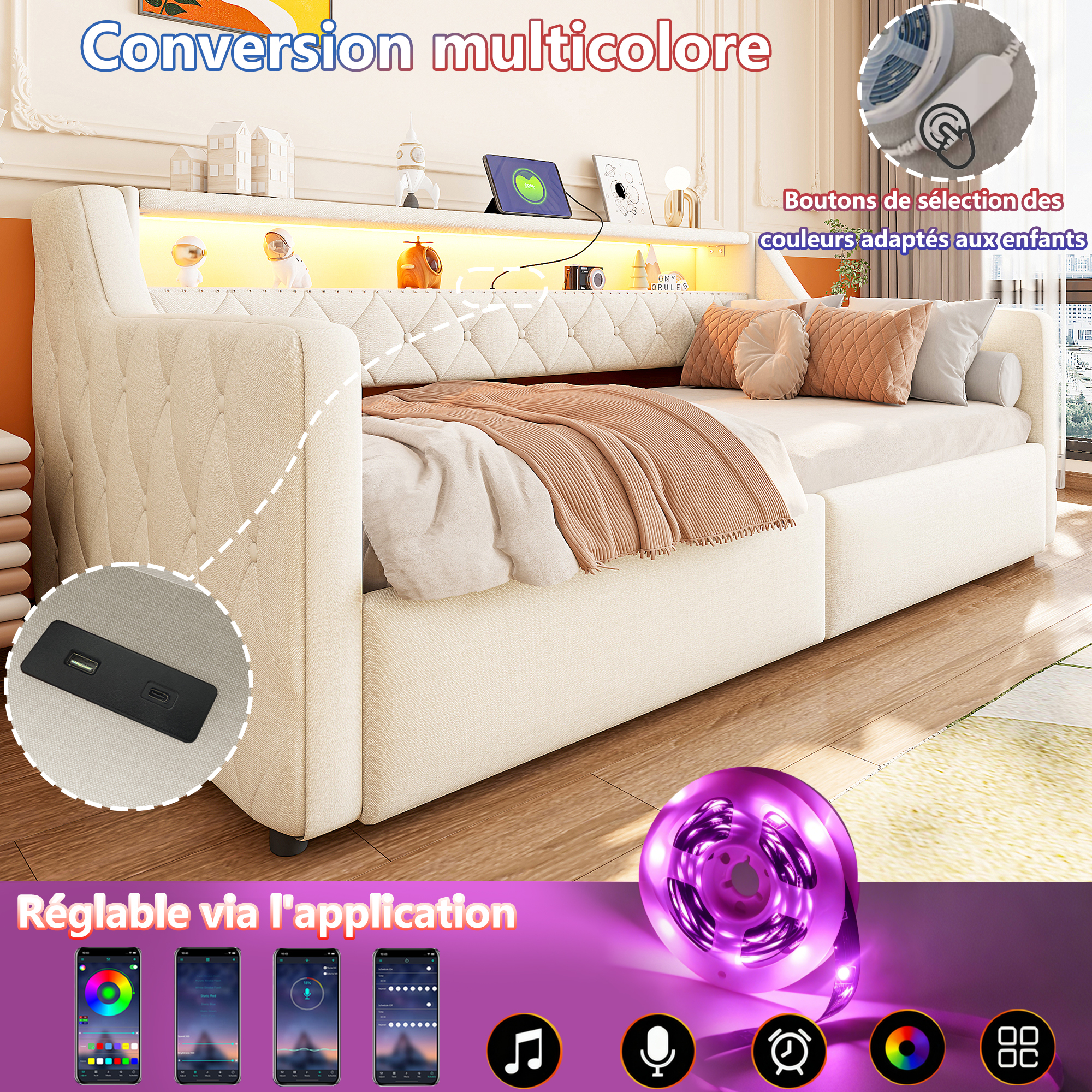 Éclairage LED multicolore du lit banquette