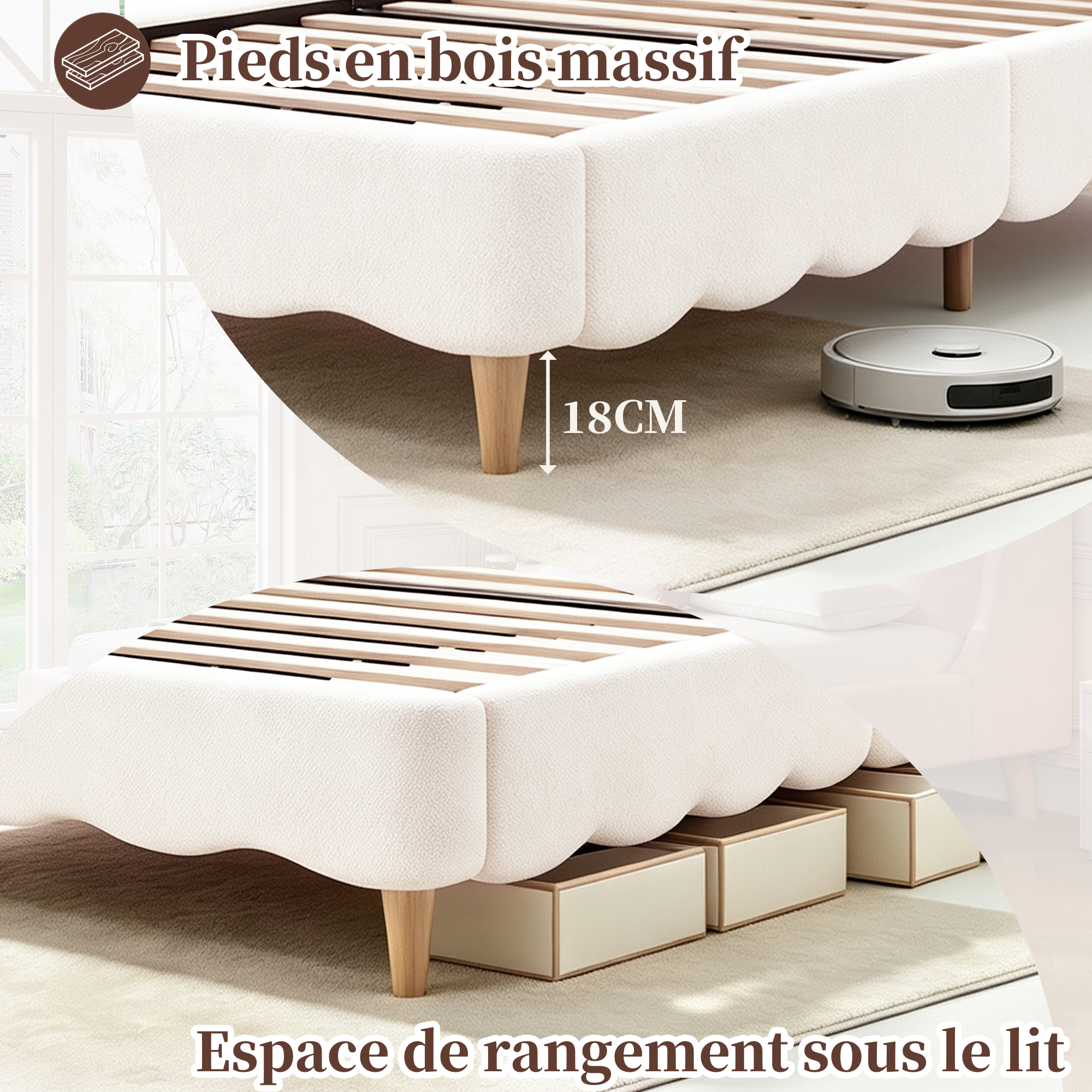 Lit enfant avec pieds en bois massif de 18 cm et espace sous le lit