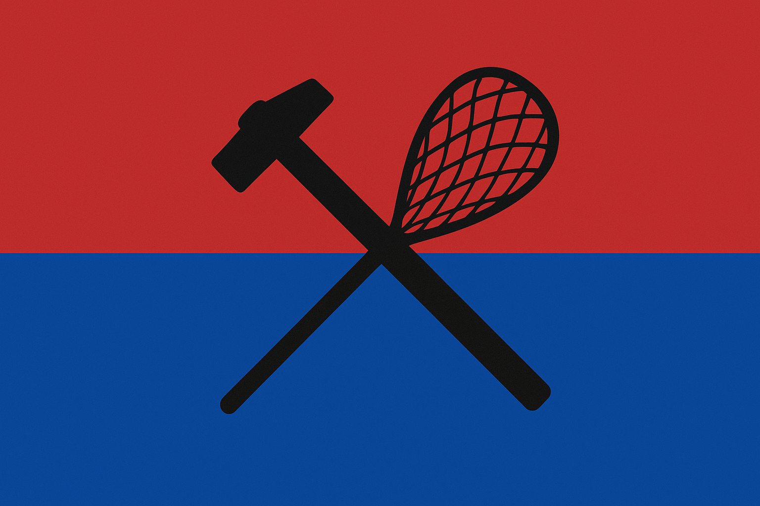 Drapeau rectangulaire formé d'une bande bleu en bas et d'une bande rouge en haut un marteau et un filet de pêche noir se croise au milieux
