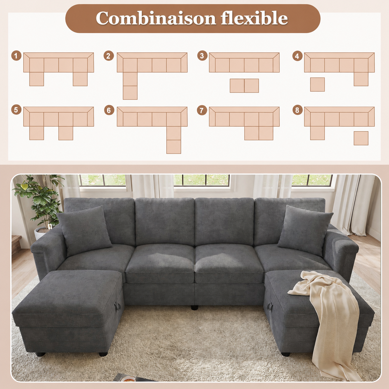 Canapé modulable gris avec différentes configurations possibles