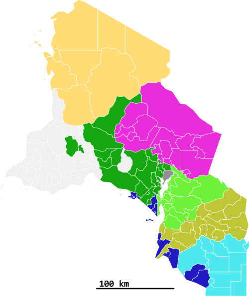 Carte des républiques composant le territoire et de la capitale. La Nouvelle-Antérinie apparaît également, en gris très léger.