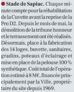 INFOS ce LUNDI 15 JUILLET 2024 (Matinée) > Pro D2 > Retrouvez le PROGRAMME des 5 Premières JOURNÉES <> ABONNEMENTS <> Du CÔTÉ de SAPIAC <> Tous les MOUVEMENTS de l’USM <> RÉNOVATION STADE de SAPIAC 2v57am