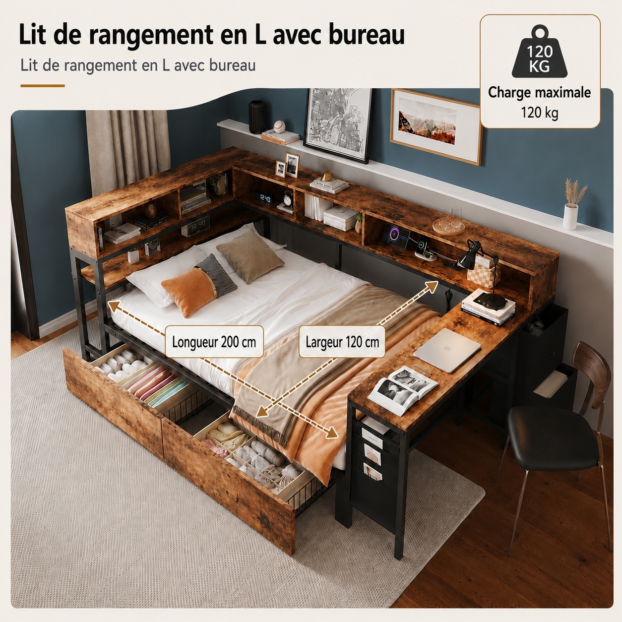 Deux grands tiroirs de rangement sous le lit