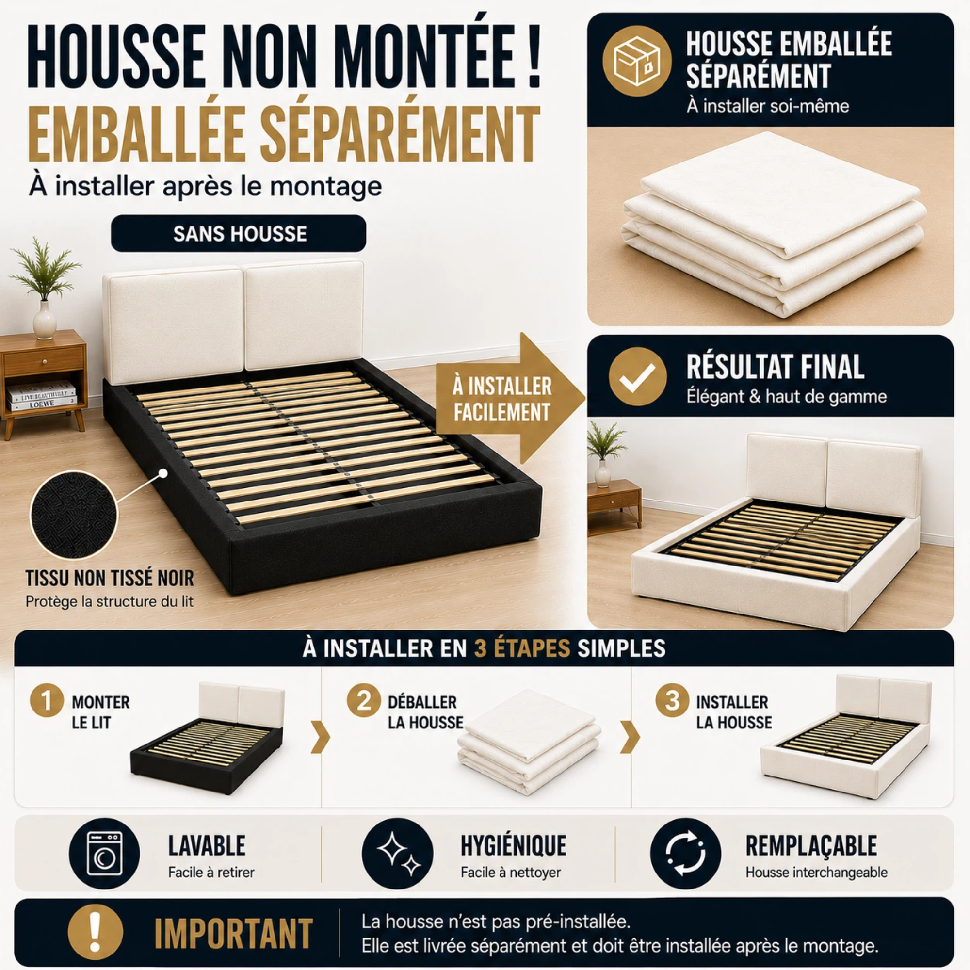 Housse du lit emballée séparément et installée après le montage