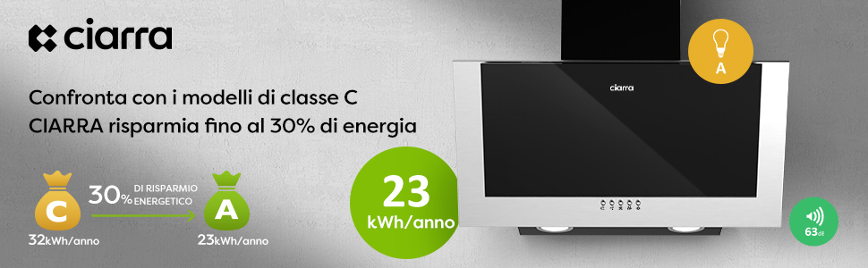 CIARRA Cappa Ad Angolo 60cm Con Aspirazione A 3 Velocità 736CBK60 - Nero Silenziosa E Facile Da Pulire 12 CAPPA ASPIRATNE INCLINATA