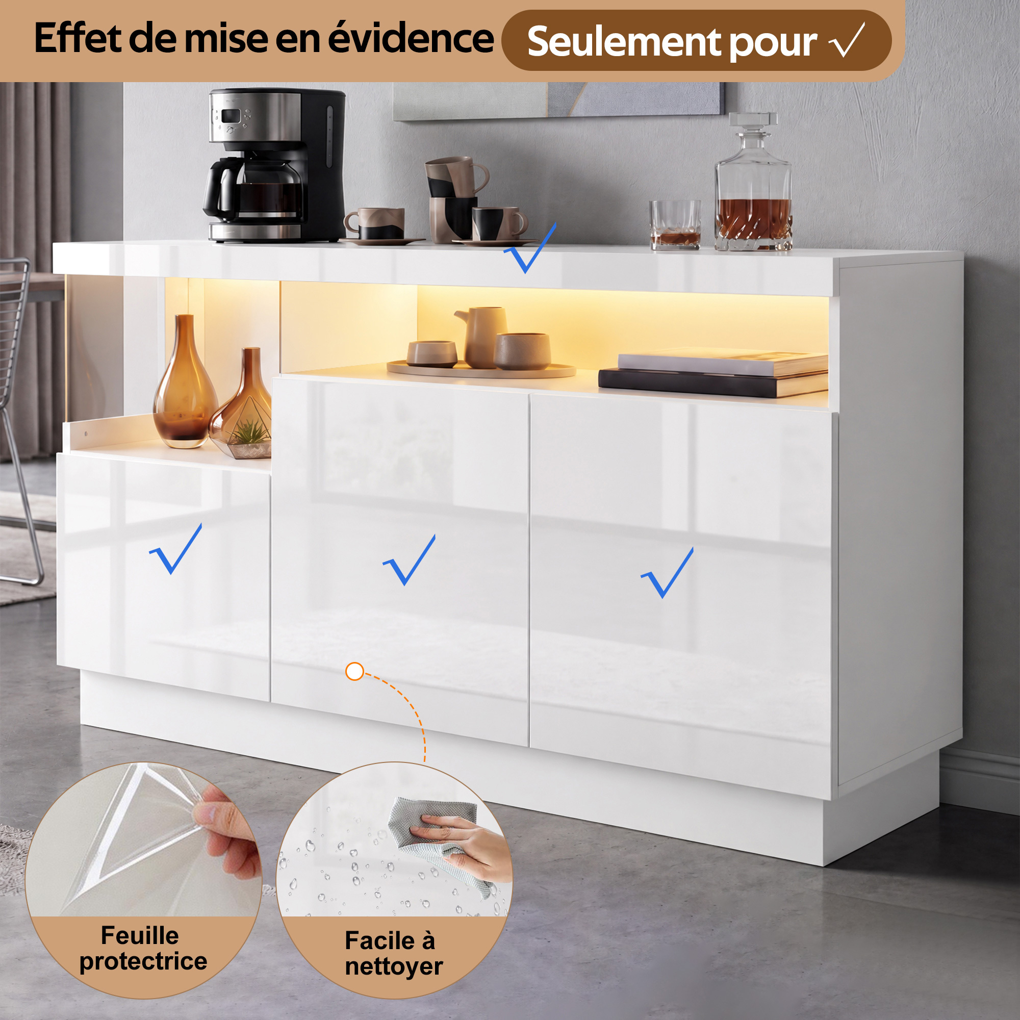 Buffet blanc brillant 140 cm au design moderne