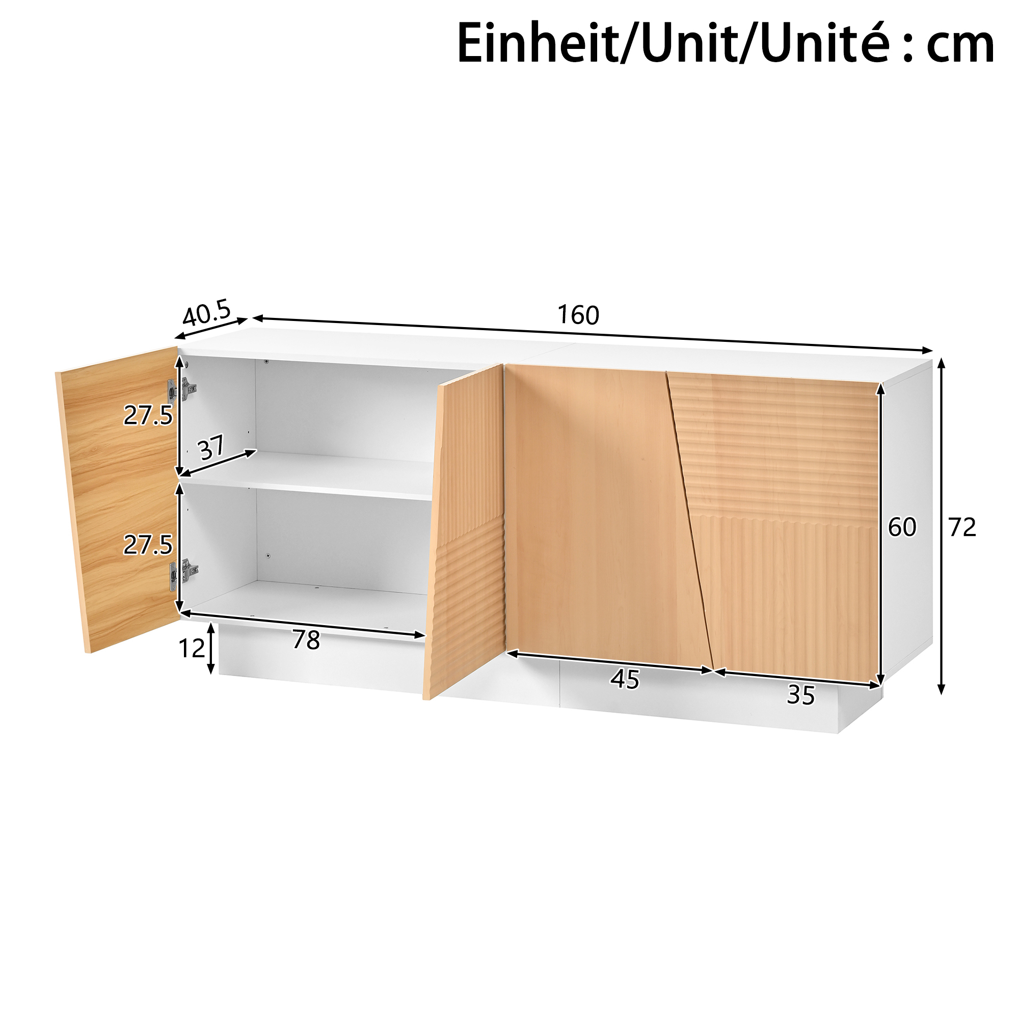 Dimensions du buffet blanc et bois naturel 160 x 40,5 x 72 cm