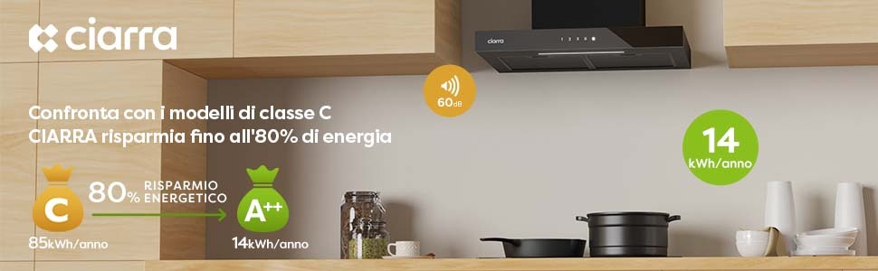 Cappa Ciarra Touch Screen A Parete 60cm, 650m3/h, 4 Velocità Booster, LED Dimmerabile - Nero CD6102B 12 CIARRA CD6102B 1