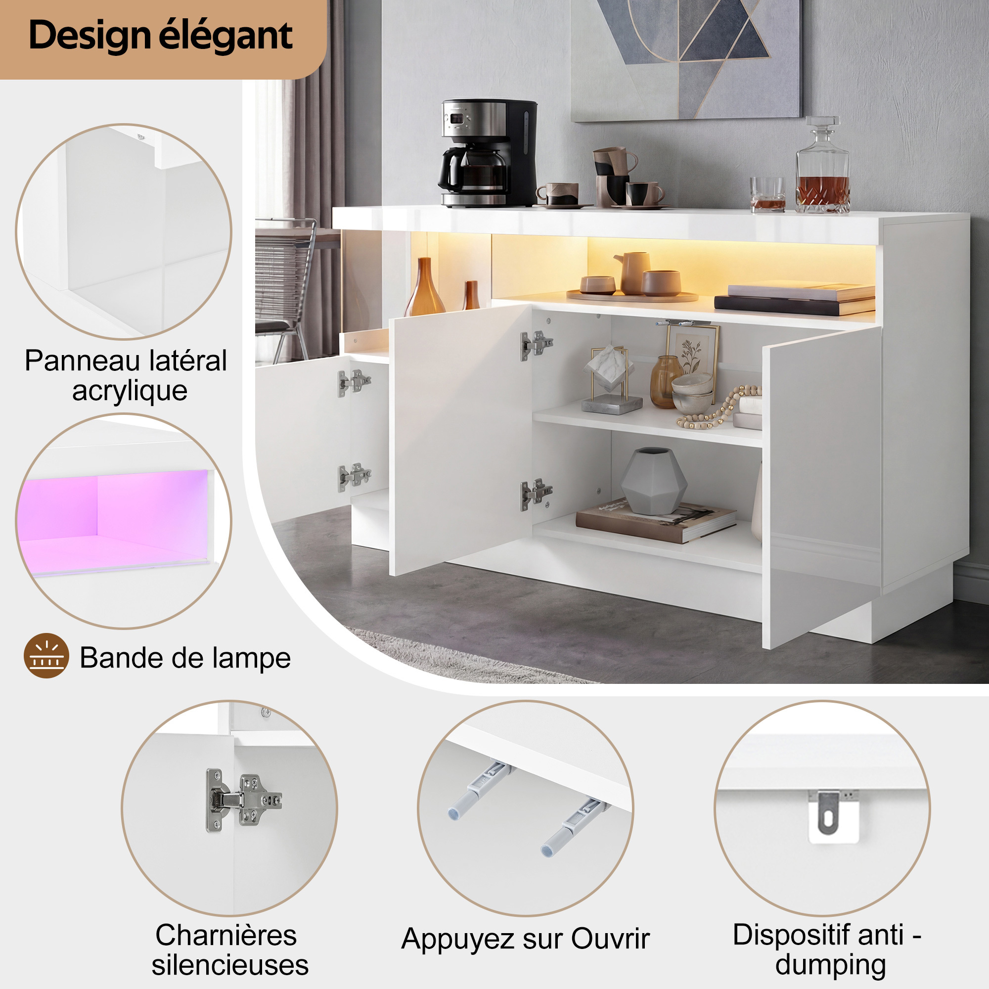 Niche vitrine avec panneau transparent du buffet blanc