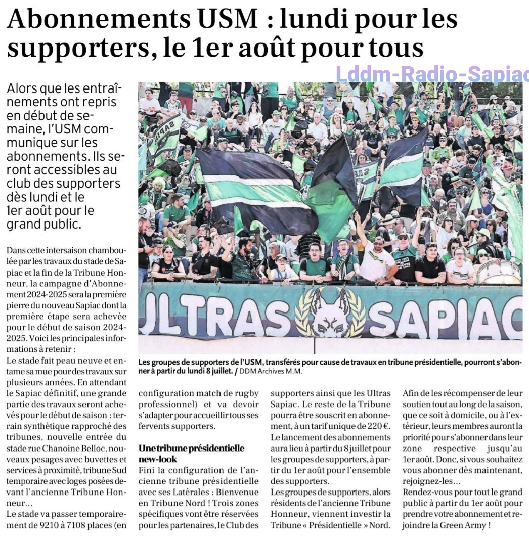 INFOS ce DIMANCHE 7 JUILLET 2024 (Matinée) > ABONNEMENTS USM > J - 1 pour intégrez la GREEN ARMY et devenir ABONNÉ pour la saison 2024-2025 ! <> ACTUS USM et Pro D2 <> Tous les MOUVEMENTS de l’USM <> SUIVI des TRAVAUX à SAPIAC 3xjoqw