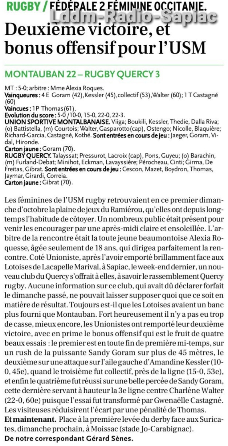 INFOS ce MARDI 8 OCTOBRE (Matinée) > Pro D2 - J6 > J -3 du match de reprise pour les Sapiacains > USM / AURILLAC ce VENDREDI 11 Octobre 19H30 à Sapiac <> Le PROGRAMME de l'USM de ce 2ÈME BLOC <> FÉDÉRALE 2 FÉMININES > (BO) USM 22 - 3 RUGBY QUERCY 4225yh