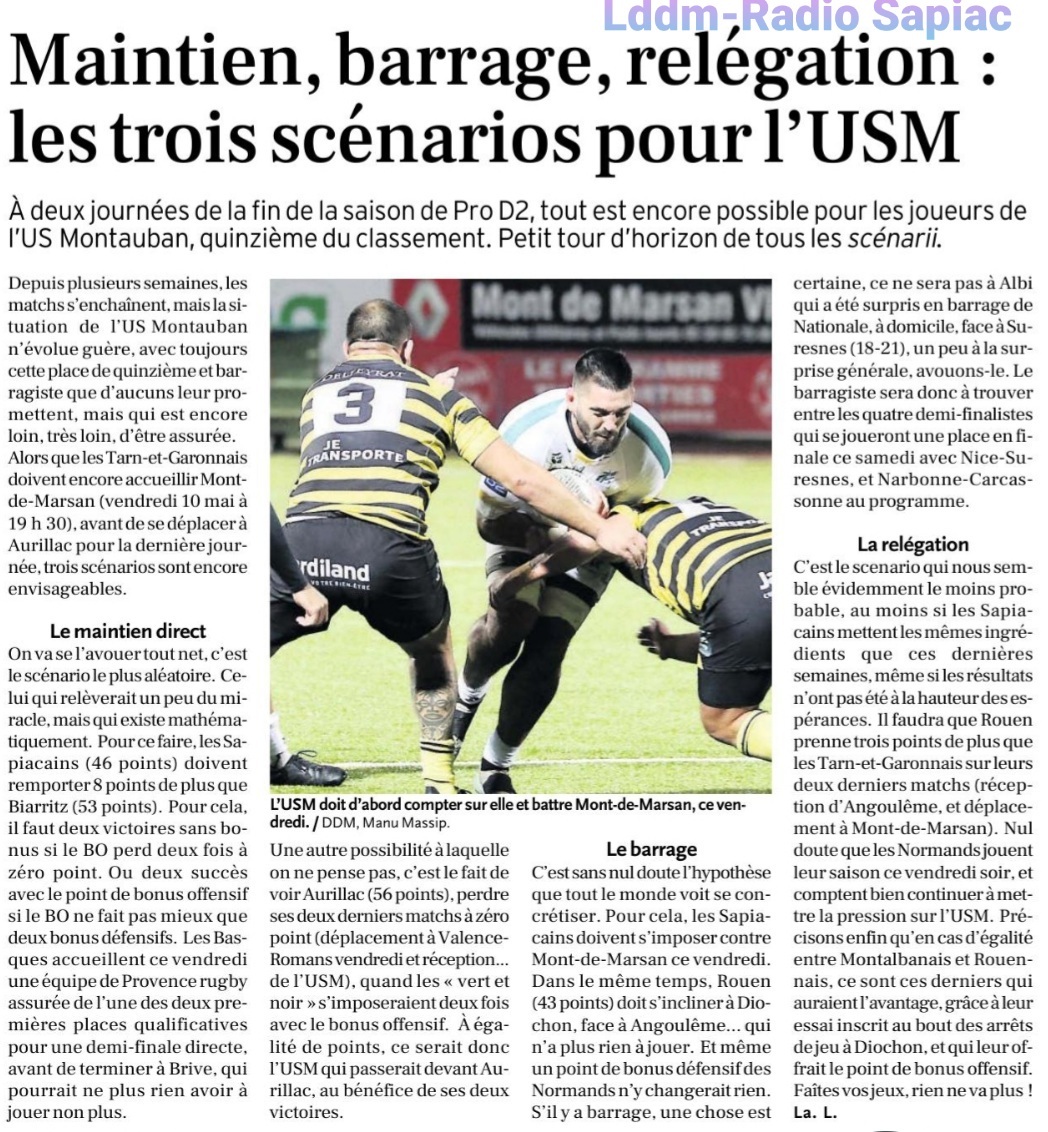 INFOS ce MARDI 7 MAI 2024 (Matinée) > Pro D2 - J29 > J -3 du Match > USM / MONT de MARSAN : " L'USM condamnée à l'exploit " ce Vendredi 19H30 Stade de Sapiac – PLACES à 5€ - BILLETTERIE  <> Du Côté de Sapiac <> ACTUS USM et Pro D2 4572gg