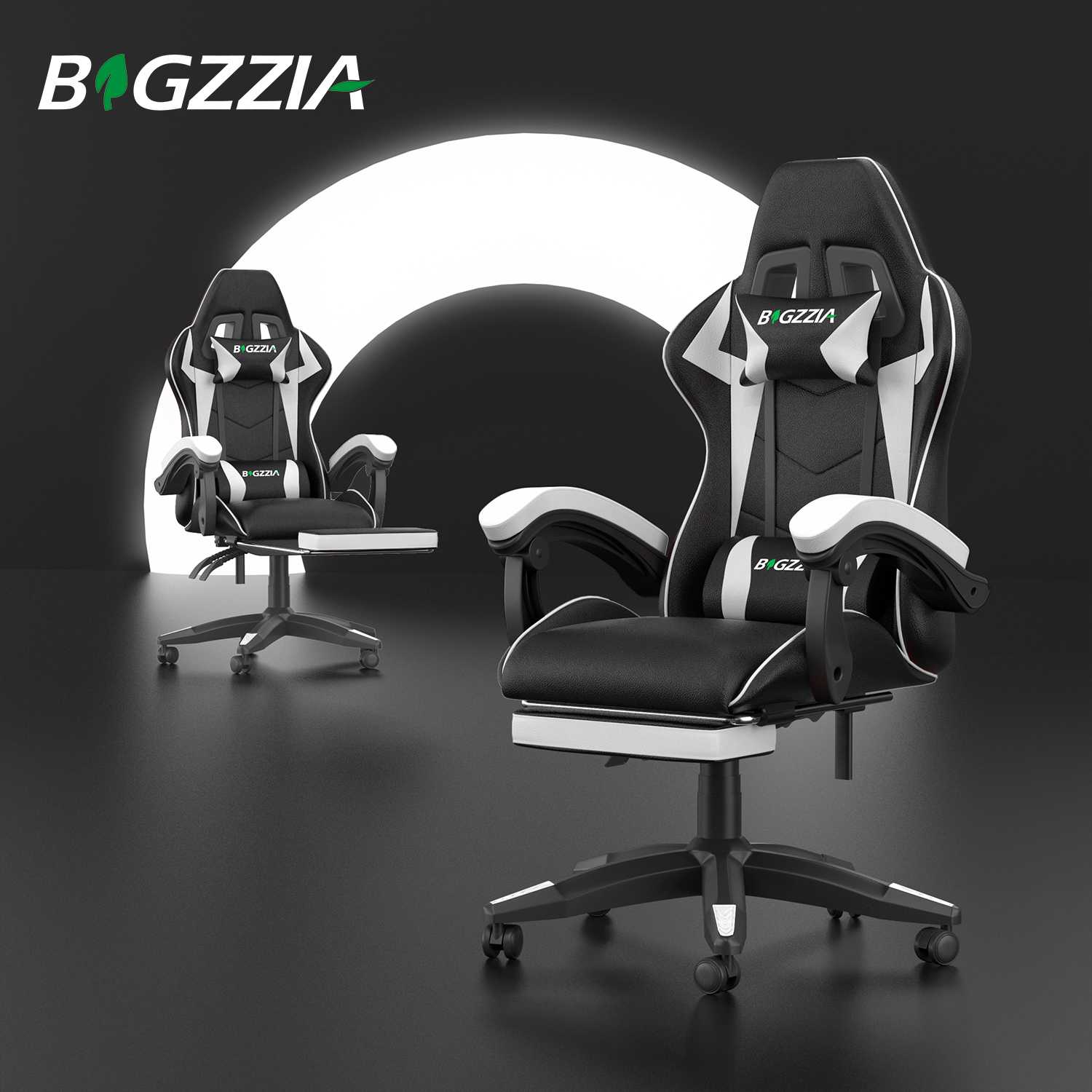 Image of Sedia Gaming con Poggiapiedi Telescopico - RATTANTREE - Sedie da gamer con Cuscino Lombare &amp; Poggiatesta- Schienale Regolabile 90-155° - Bianco