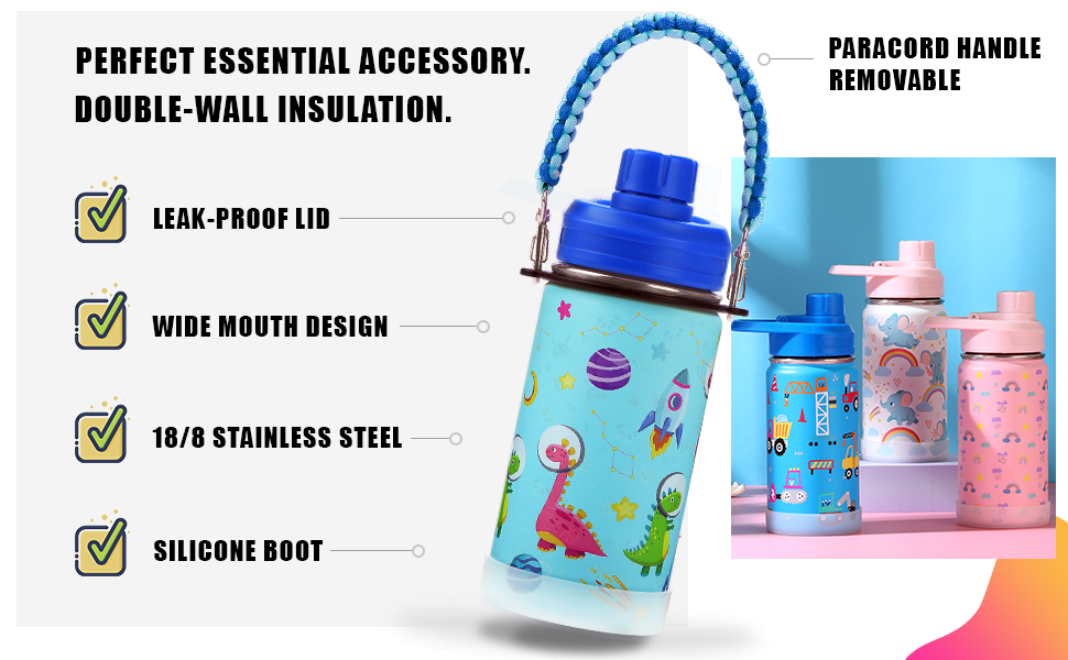 WEREWOLVES 14 oz Kids Water Bottle with Leakproof Spout Lid, Paracord  Handle & Boot, Insulated Wide Mouth Stainless Steel, Reusable Double Walled  Vacuum Bottle for Toddlers, Girls, Boys, School 