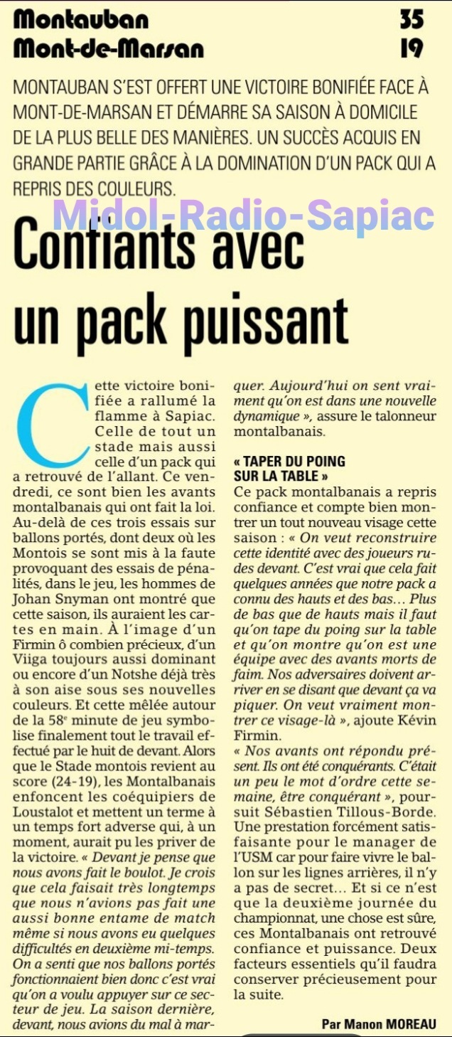 INFOS ce LUNDI 09 SEPTEMBRE (Matinée) > Pro D2 - J3 > J –4 du match > PROVENCE RUGBY / USM ce Vendredi 19H30 Stade Maurice David <> RÉSULTAT Pro D2 - 2ÈME J > Vendredi soir à Sapiac > (BO) USM 35 - 19 MONT de MARSAN <> PLANNING USM <> RÉSULTATS RÉGIONAL 4i4i19