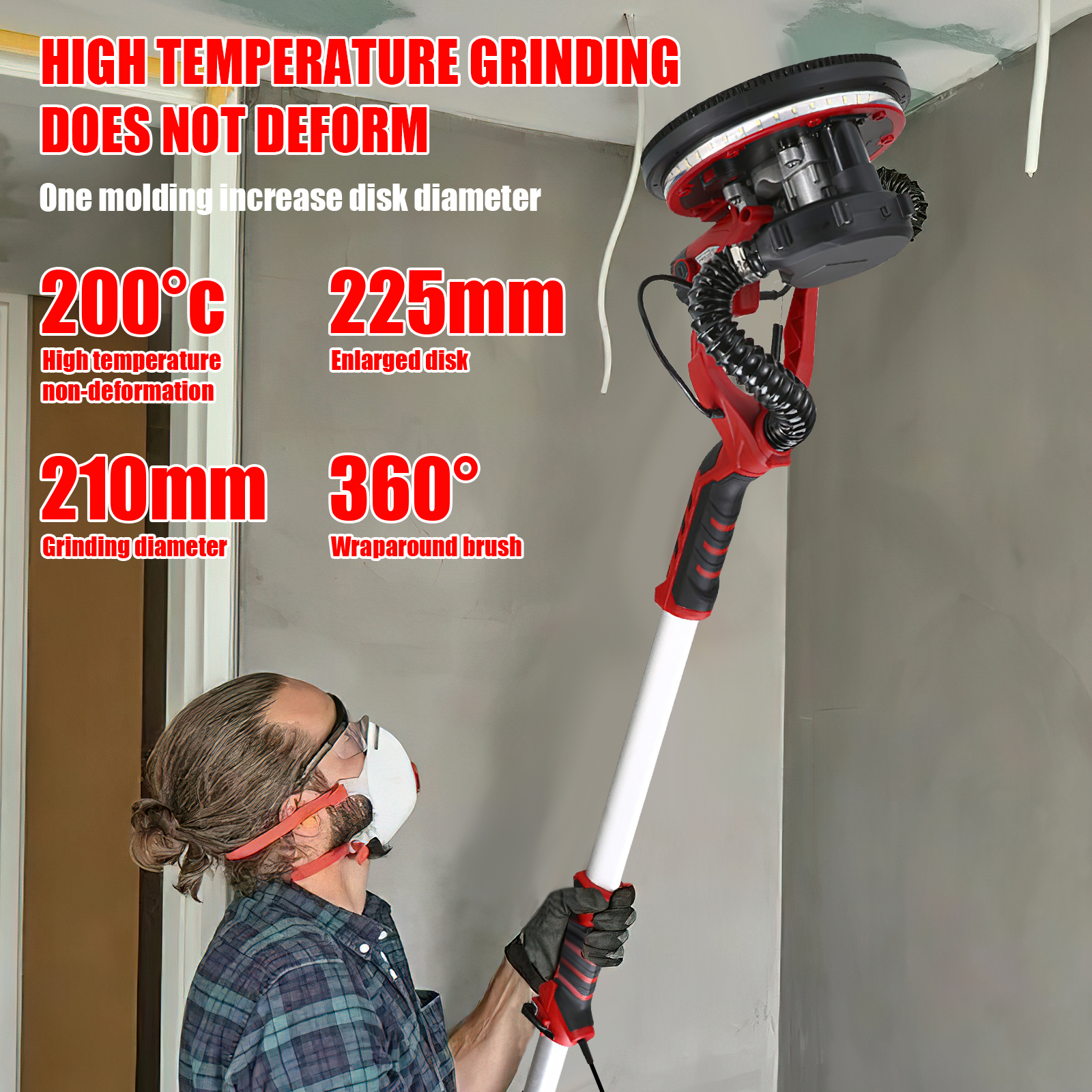 Ponceuse Murale/plafond 1250W - Longueur Réglable Jusqu'à 2,2m, Sac à Poussière, LED | Donened