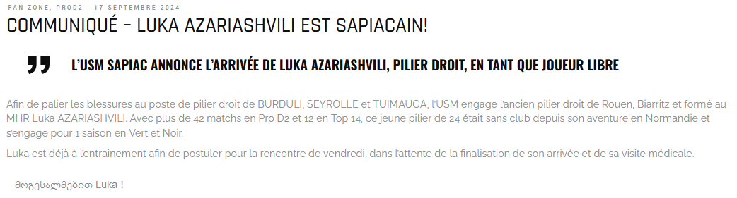 INFOS ce MERCREDI 18 SEPTEMBRE (Matinée) > Pro D2 – J4 > J -2 du match > USM / BIARRITZ ce vendredi 19H Stade de Sapiac <> La suite du PLANNING <> ACTUS Pro D2 – VIDÉOS <> Le pilier droit Géorgien Luka AZARIASHVILI s'engage pour 1 saison à l'USM 4o6u96