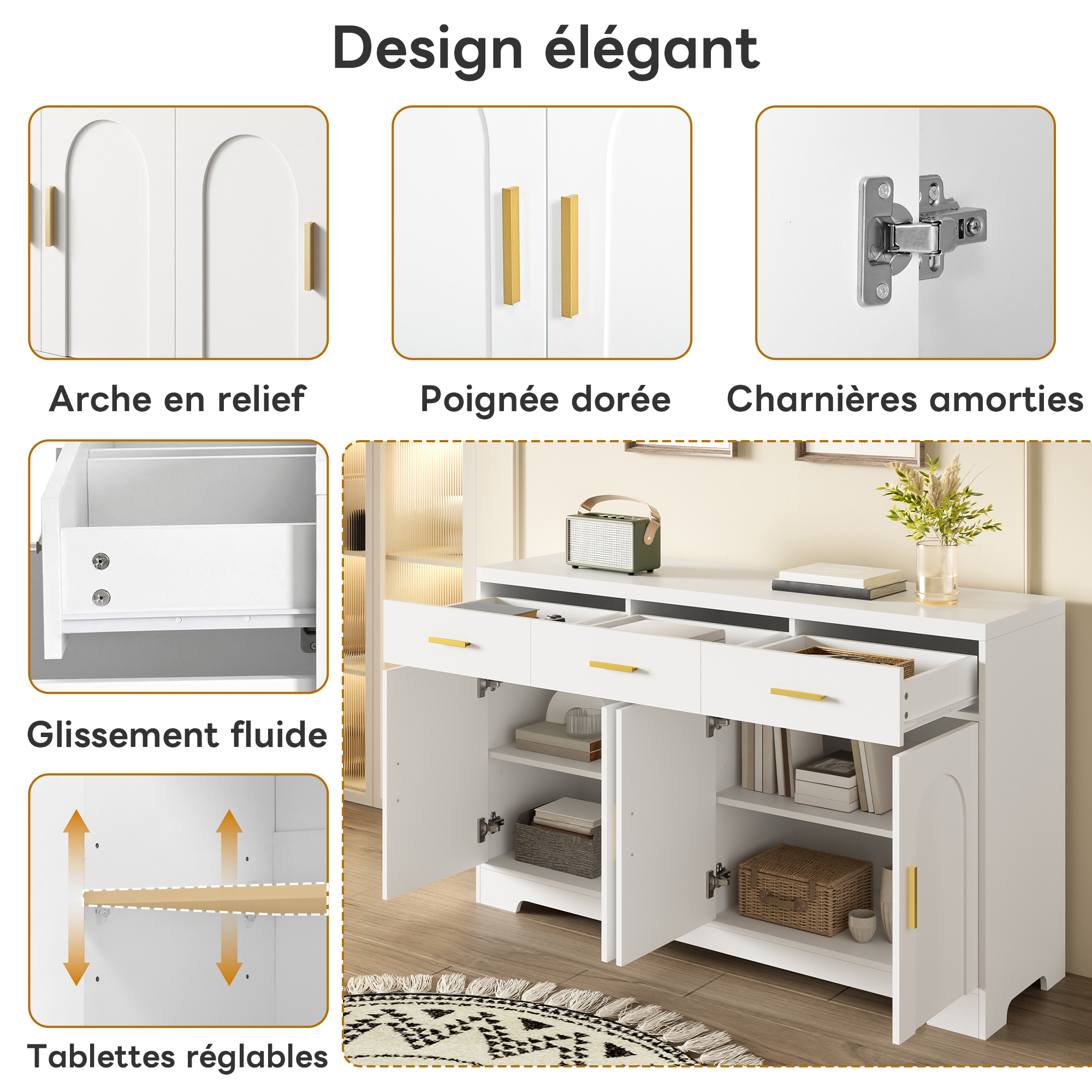 Étagères réglables en hauteur à l'intérieur du buffet