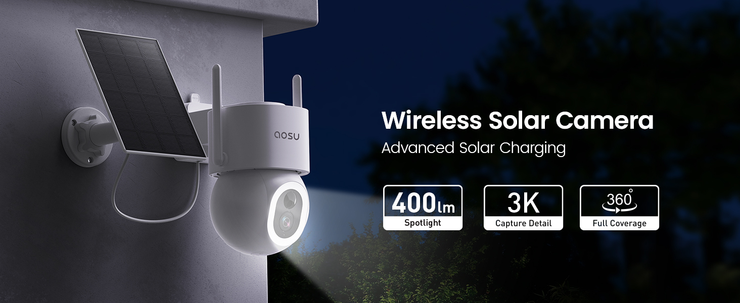 aosu 3K 5MP bewakingscamera voor buiten, zonne-accu, 360° PTZ, 2-in-1 bewaking en verlichting, AI-detectie van persoon, huisdier, hek, licht- en geluidsalarm, 2-weg audio, kleur-nachtzicht, 2 stuks