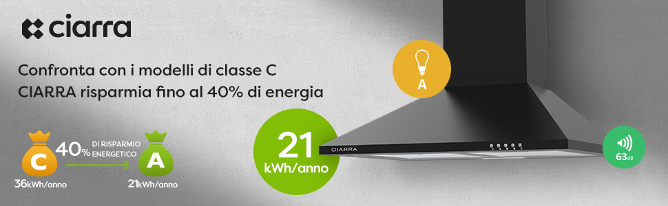 CIARRA Cappa A Parete Piramide 60cm 201BK60 - Nero: 350m³/h Estrazione, 3 Livelli Di Potenza, Filtro A Carbone E Grasso 12 CAPPA ASPIANTE 60CM