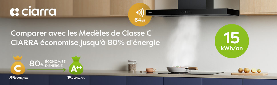CIARRA CD9102B Hotte Tactile 90cm 650m3/h 4 Vitesses Booster Eclairage Dimmable LED Affichage Noir 10 Hotte Aspirante noire 90cm touche tactile