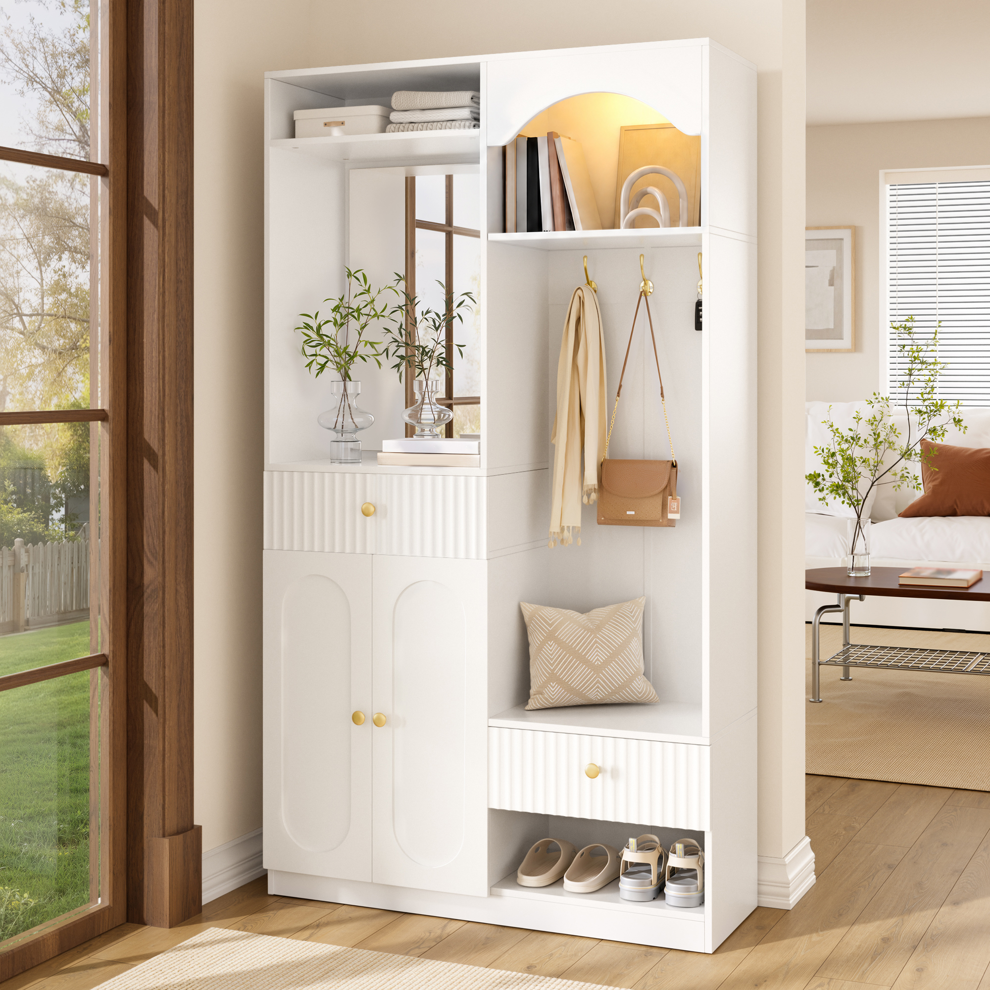 Meuble d'entrée blanc multifonction avec miroir banquette patères et rangements