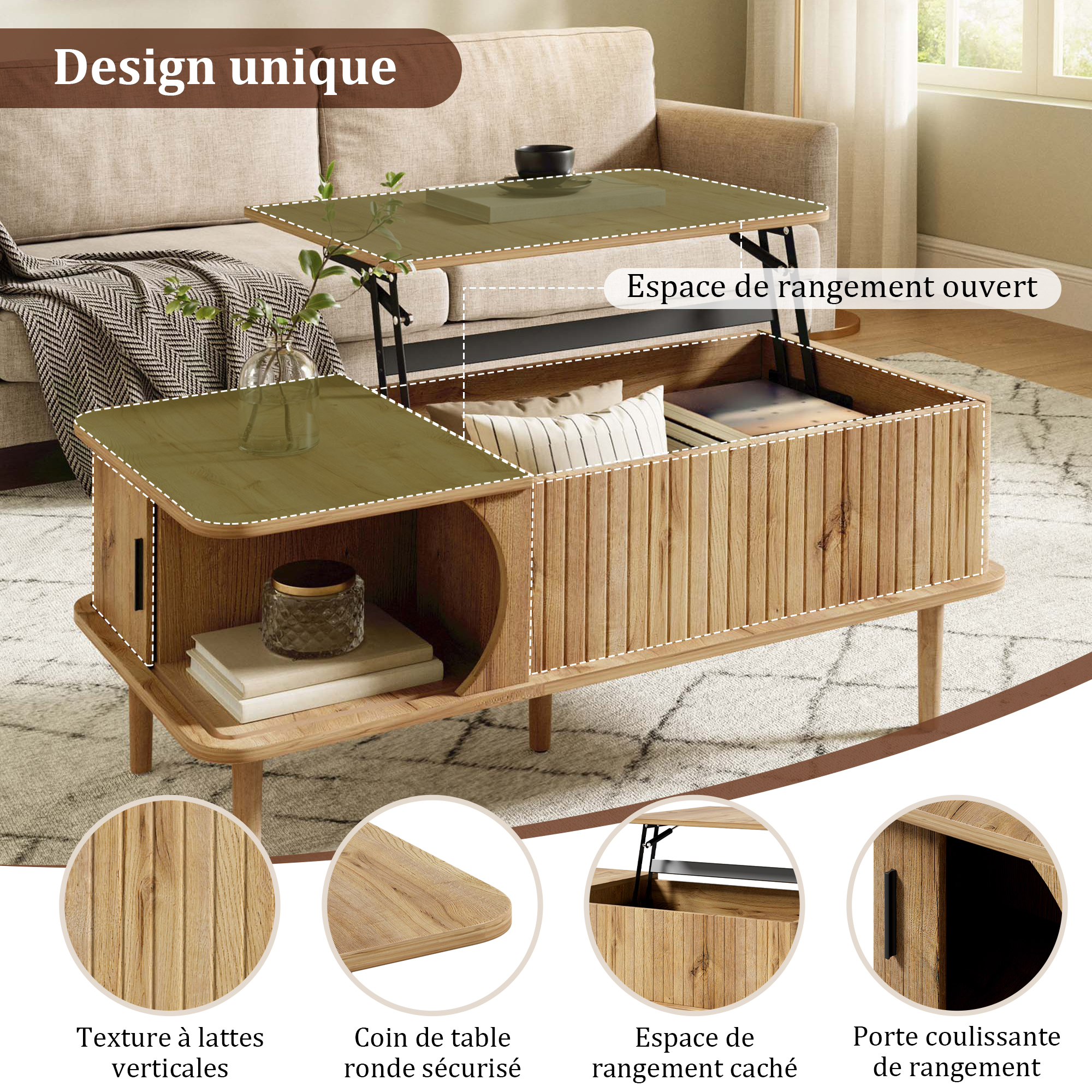 Table basse finition naturelle avec plateau relevable