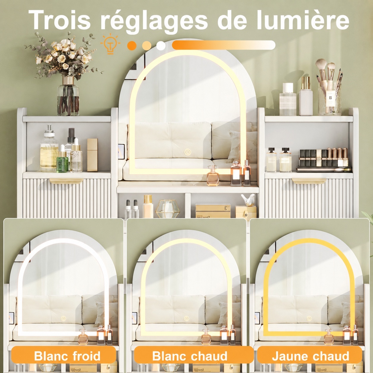 Grand miroir LED de coiffeuse avec trois couleurs de lumière et luminosité réglable