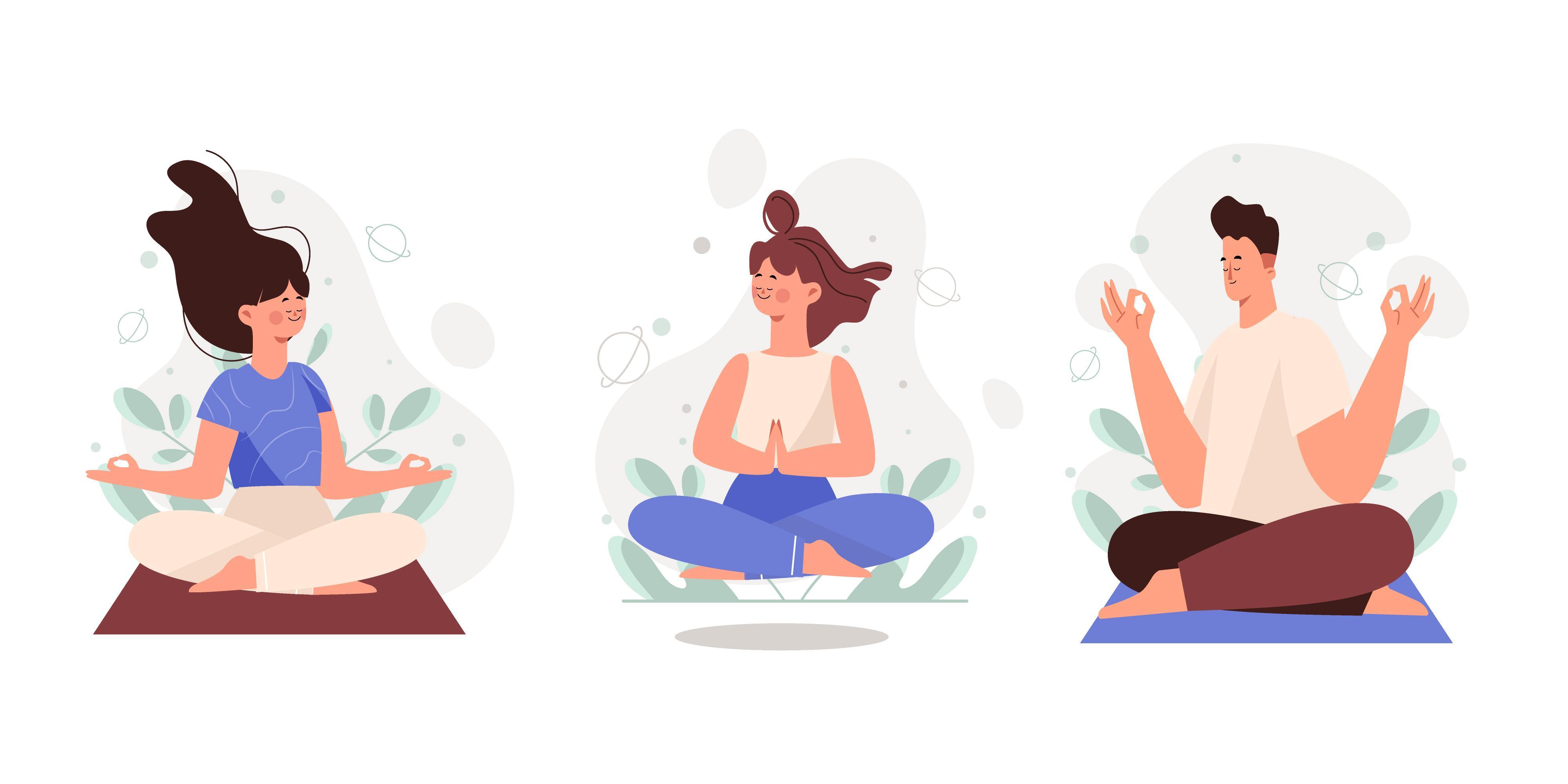 trois adultes heureux faisant du yoga et de la méditation sur leur tapis