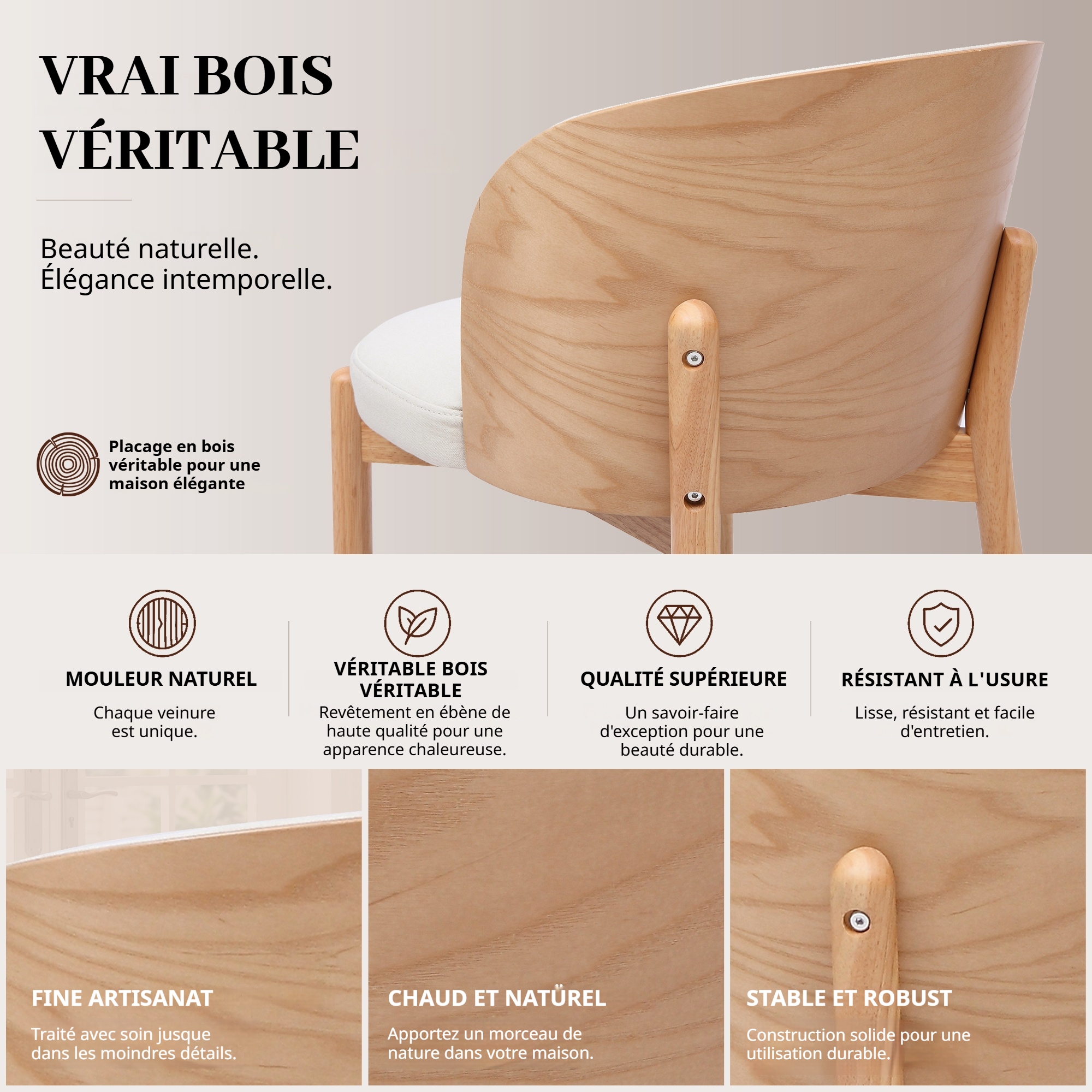 Détail du placage en bois naturel au dos de la chaise