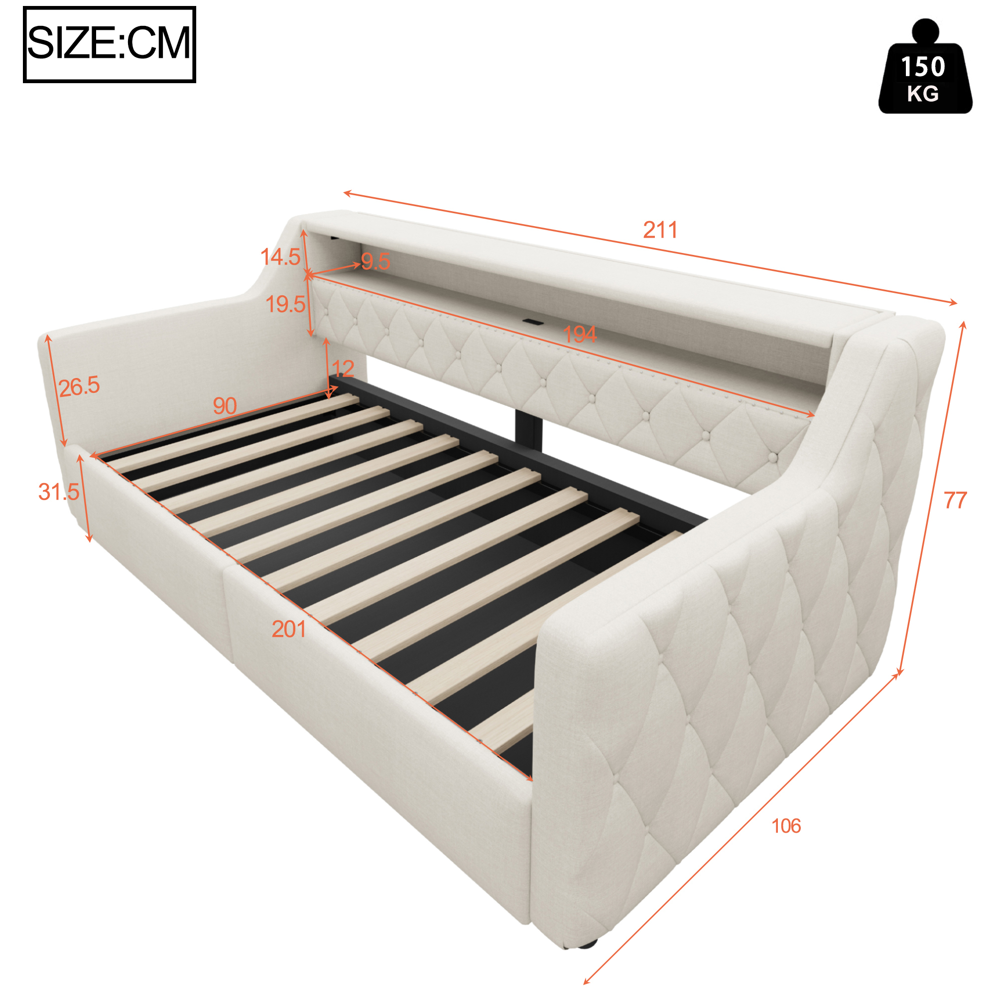 Dimensions du lit banquette 90 x 200 cm