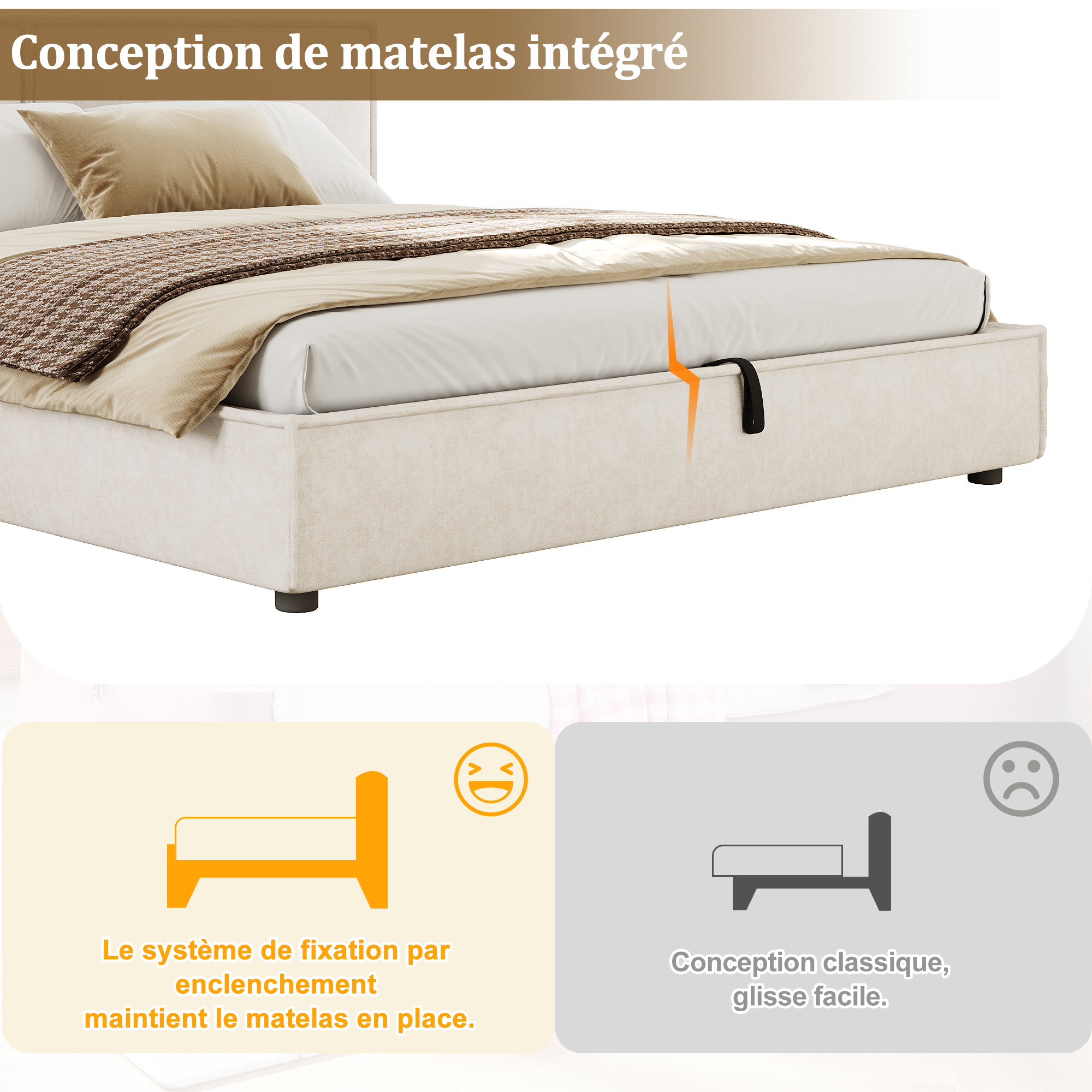Lit rembourré avec conception intégrée pour maintenir le matelas