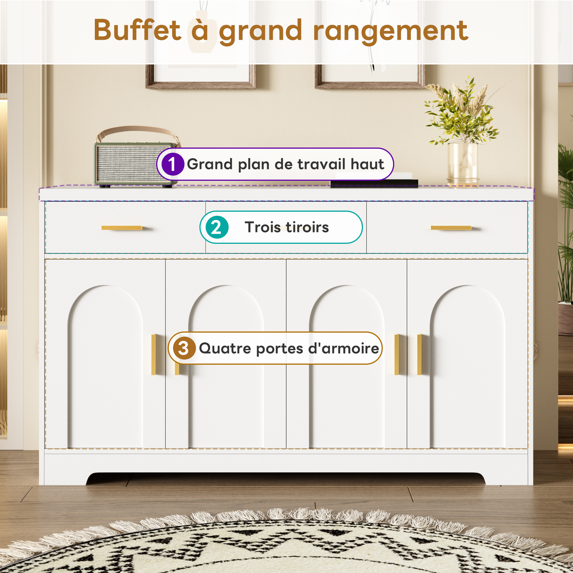 Trois tiroirs et quatre portes de rangement du buffet blanc
