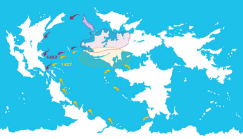 Carte des principales voies de diffusion des religions protestante (violet) et catholique (jaune).