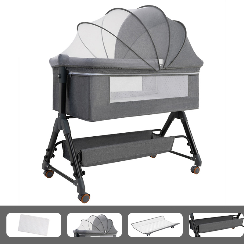 Lit Parapluie 4 En 1 GOPLUS - Berceau, Table à Langer, Parc Et Lit Cododo - Pliable, Avec Roulettes, Jouets Musicaux - Pour Bébé De 0 à 36 Mois - Gris